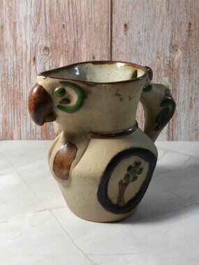 Vintage Vicman Tonala Mexico Art Pottery Pitcher Tree Motif Folk Art